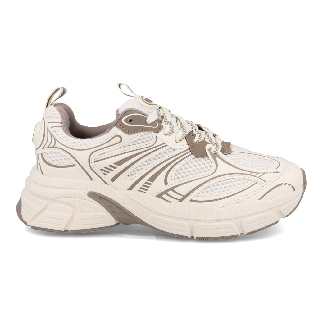 Tênis Via Marte Creme Sneaker Feminino em posição frontal mostrando design branco com detalhes taupe e solado branco